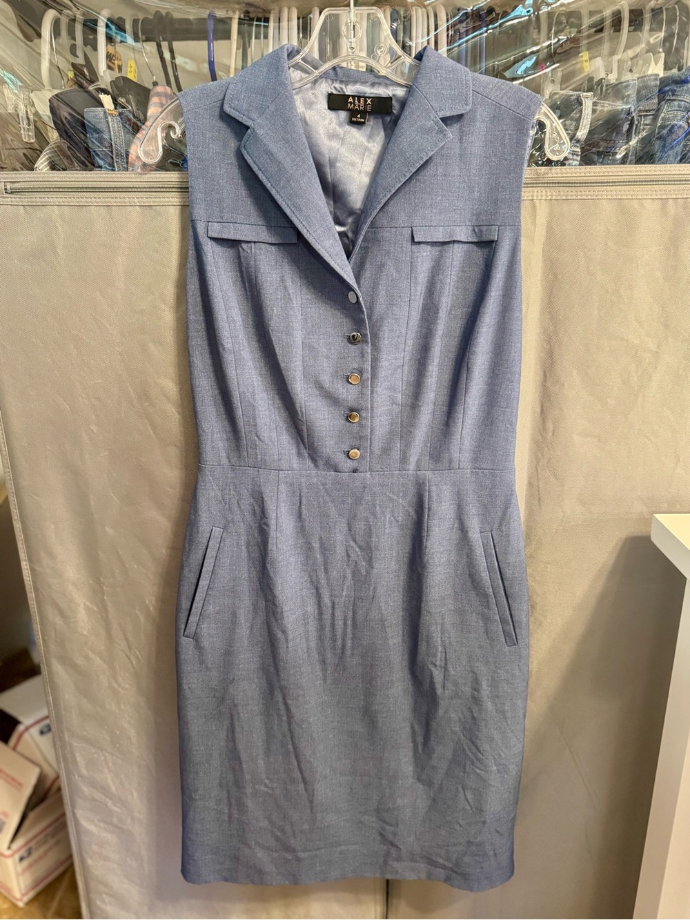 Alex Marie Sleeveless Chambray-Blue Sheath Dress-Size 4